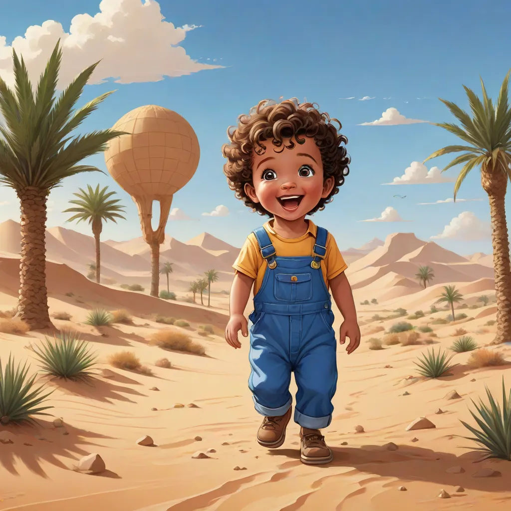 a cartoon boy in overalls walking through the desert with palm trees in the background and a hot air balloon in the sky, fantasy art, a storybook illustration, Chris LaBrooy, highly detailed digital painting