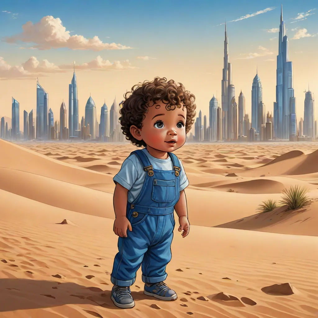 a cartoon of a boy in overalls standing in the desert with a city in the background, with a desert dune in the foreground, fantasy art, a detailed matte painting, Chris LaBrooy, highly detailed digital painting