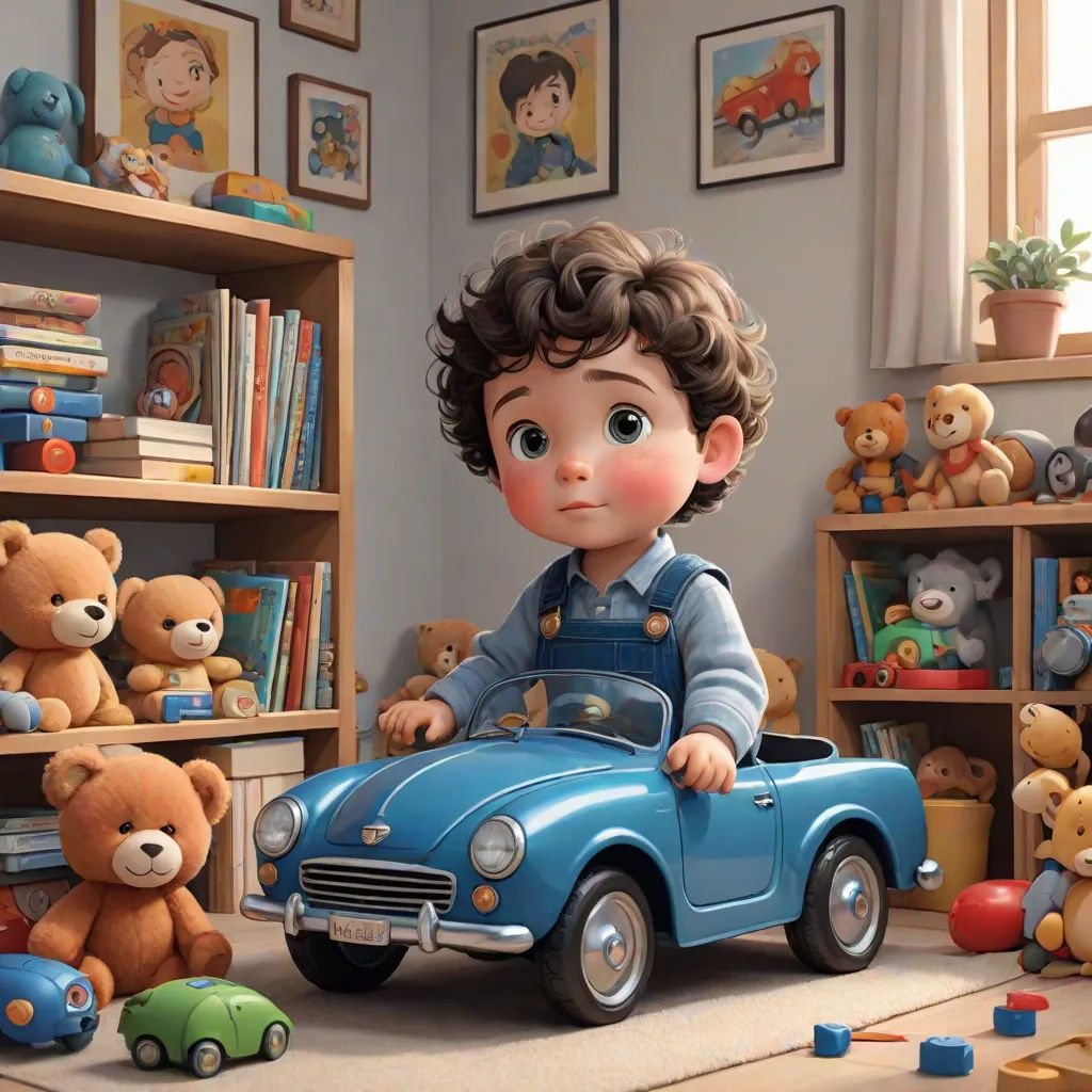 a boy in overalls sitting in a toy car in a toy room with teddy bears and bookshelves, photorealism, an ultrafine detailed painting, Eddie Mendoza, cgstudio