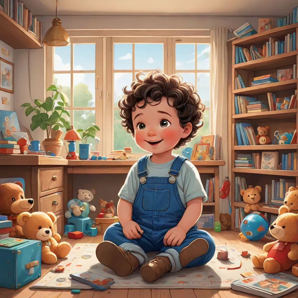a boy sitting on the floor in front of a book shelf with teddy bears and a bookcase in the background, photorealism, a storybook illustration, Chris LaBrooy, storybook illustration