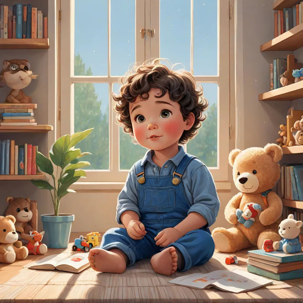 a painting of a boy sitting on the floor with a teddy bear and books in front of him and a potted plant, photorealism, a detailed painting, Alejandro Burdisio, stanley artgerm lau