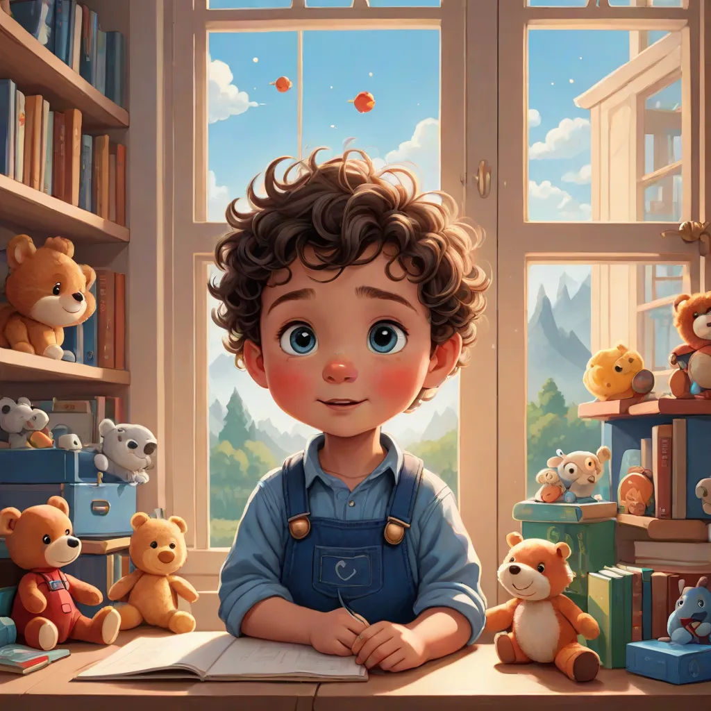 a boy is sitting at a desk with teddy bears and books in front of him and a window with a view of the sky, sots art, a storybook illustration, Chris LaBrooy, storybook illustration