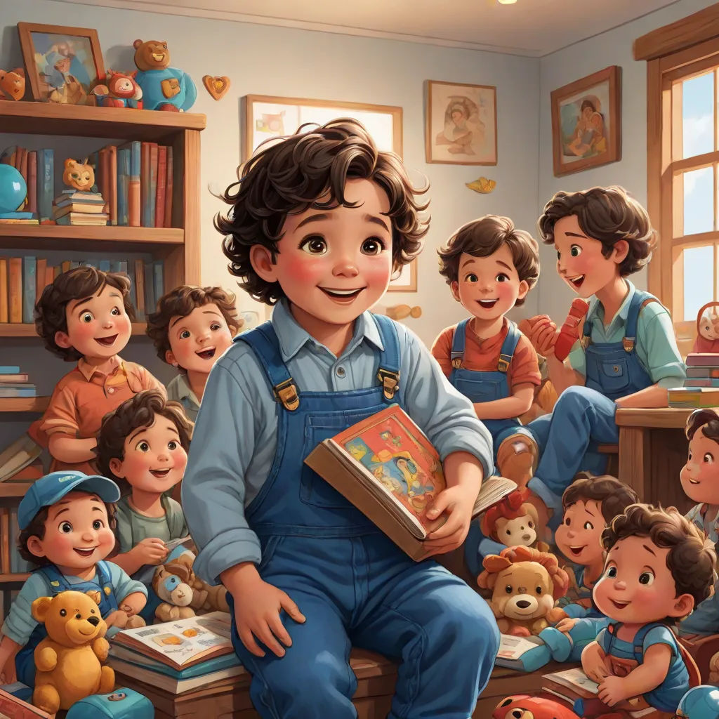 a boy in overalls is holding a book in front of a group of children in a room with bookshelves, serial art, a storybook illustration, Aaron Jasinski, storybook illustration