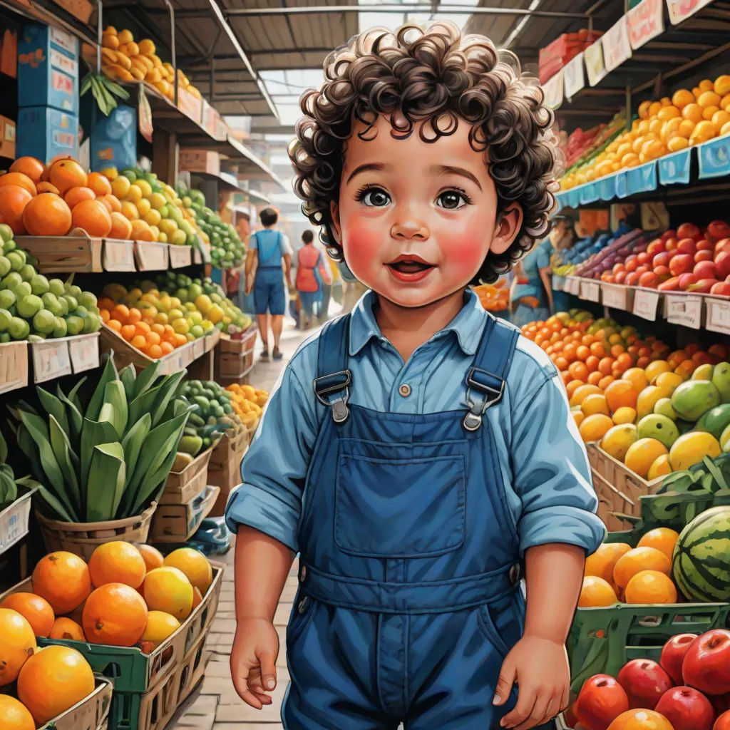 a painting of a boy in overalls standing in front of a fruit stand with oranges and other fruit, photorealism, a photorealistic painting, Bob Byerley, highly detailed digital painting
