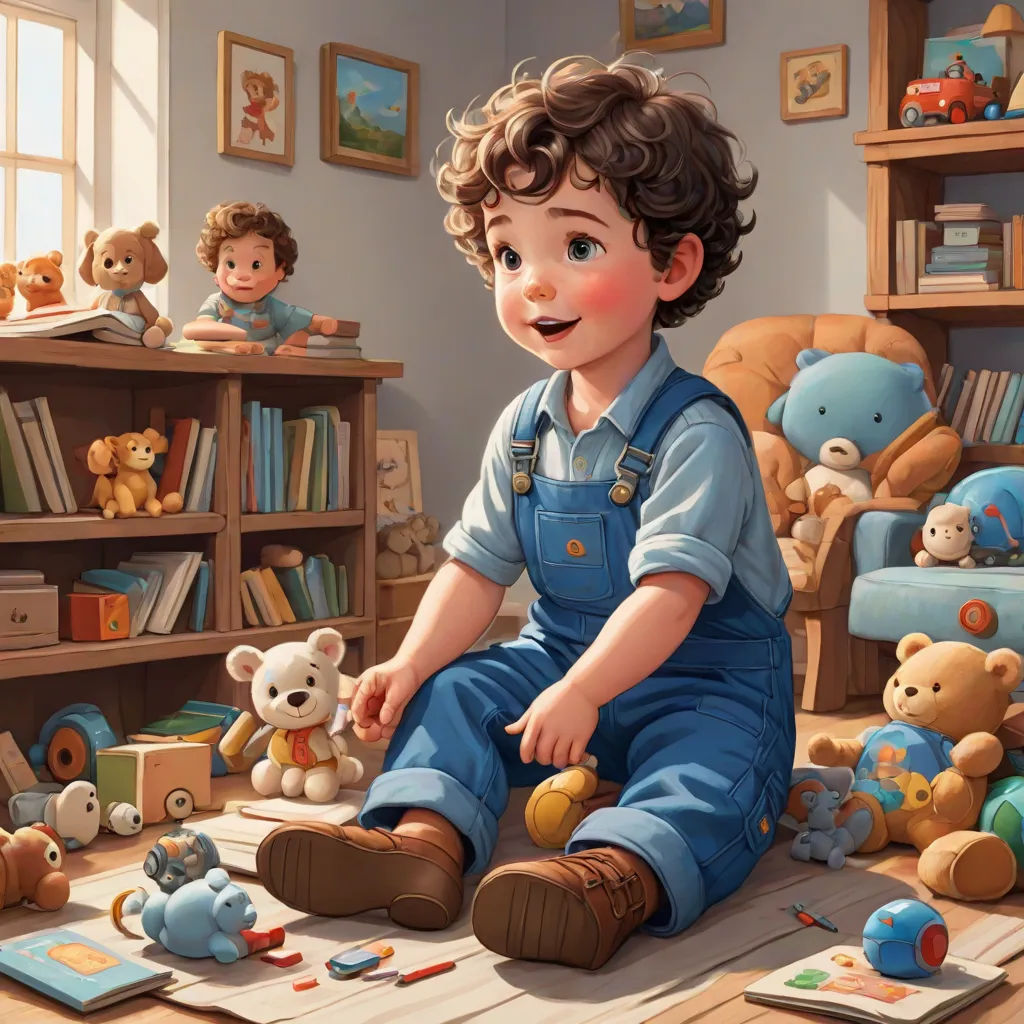 a painting of a boy playing with toys in a room with other toys and books on the floor and a teddy bear, photorealism, a storybook illustration, Alejandro Burdisio, stanley artgerm lau
