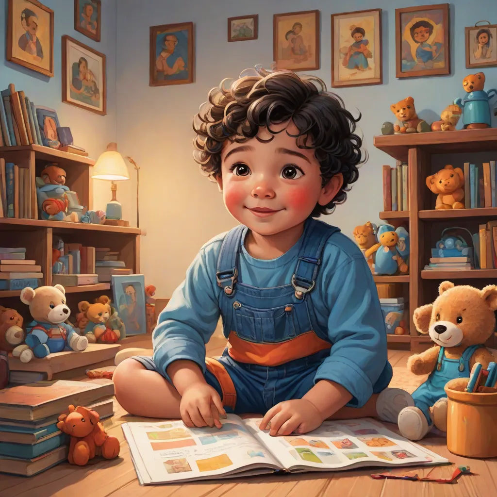a painting of a boy sitting on the floor reading a book with teddy bears around him and a teddy bear on the floor, photorealism, a storybook illustration, Aaron Jasinski, storybook illustration