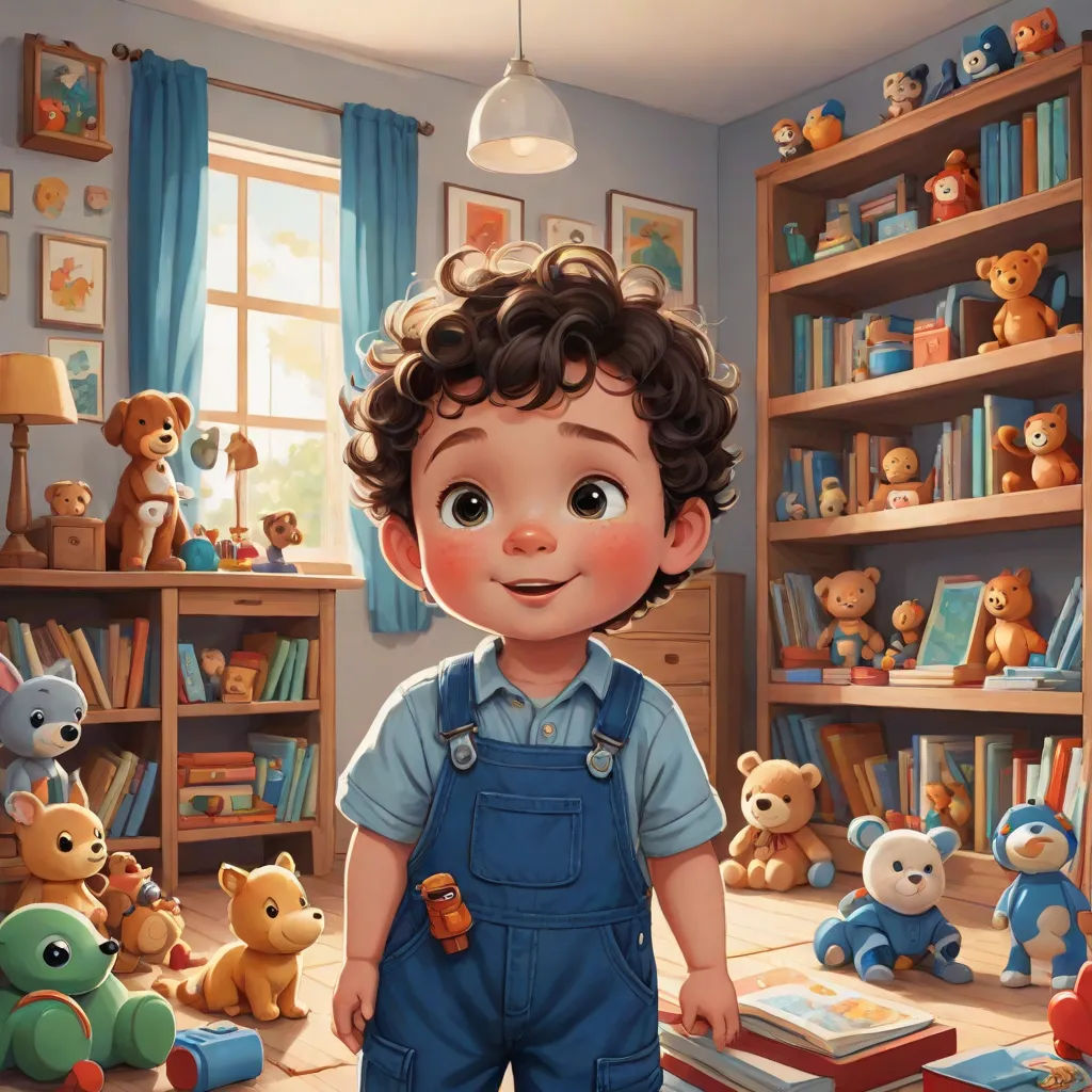 a boy in overalls standing in a room with teddy bears and bookshelves on the shelves and a lamp hanging above, photorealism, a storybook illustration, Chris LaBrooy, highly detailed digital painting