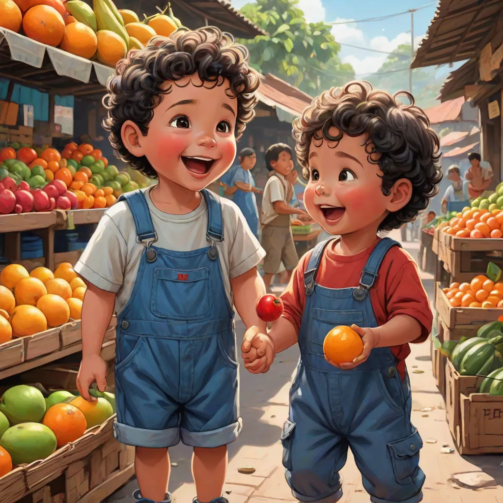 two children holding hands in front of a fruit stand with oranges and other fruit on display in the background, photorealism, a storybook illustration, Brothers Hildebrandt, highly detailed digital painting