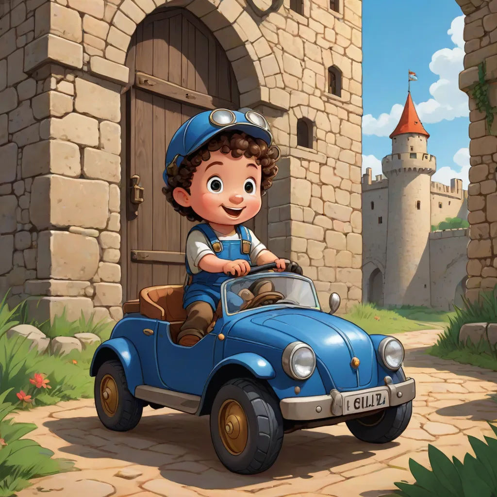 a boy riding in a toy car in front of a castle entrance with a clock on the wall and a castle entrance, fantasy art, an ultrafine detailed painting, Cliff Childs, rossdraws global illumination