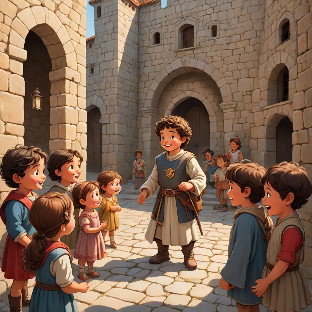 a cartoon of a man standing in front of a group of children in a courtyard with a castle in the background, fantasy art, a storybook illustration, Brothers Hildebrandt, official art