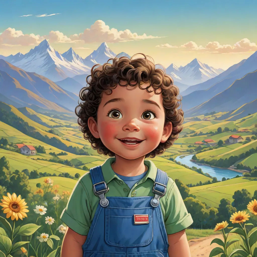 a painting of a boy with a blue overalls and a green shirt and a mountain landscape in the background, american scene painting, a storybook illustration, Aaron Jasinski, storybook illustration