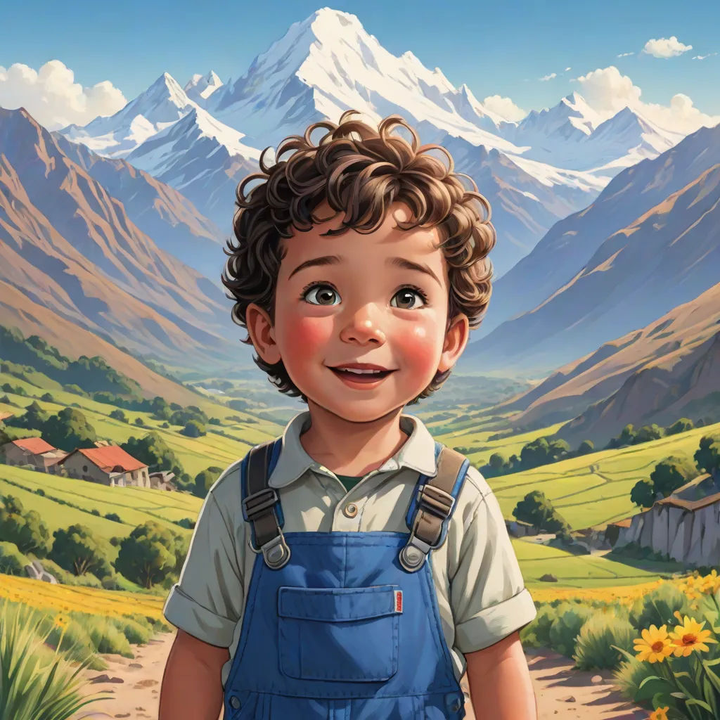 a painting of a boy with a blue overalls and a mountain background is shown in the foreground, fantastic realism, a storybook illustration, Aaron Jasinski, official art