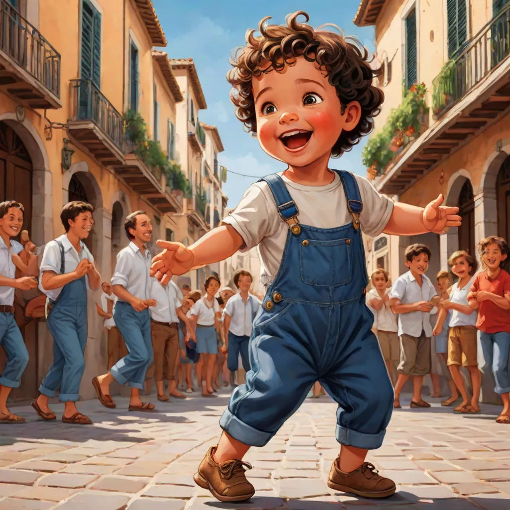 a painting of a boy in overalls dancing in front of a crowd of people in a town square, american scene painting, a storybook illustration, Diego Gisbert Llorens, storybook illustration