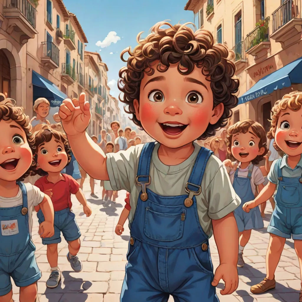 a cartoon of a boy in overalls and a group of children in the street with buildings in the background, lyco art, a storybook illustration, Diego Gisbert Llorens, cushart krenz