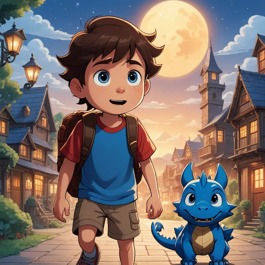 a boy and a blue dragon walking in front of a full moon house with a full moon in the sky, lyco art, poster art, Adam Rex, key art