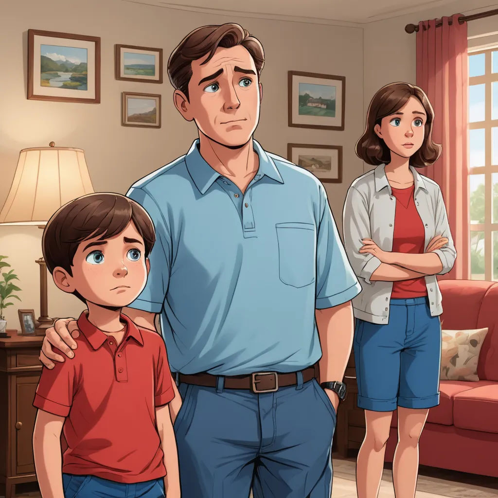 a man and a woman standing in a living room with a boy and a girl looking at the camera, sots art, a stock photo, F Scott Hess, official art