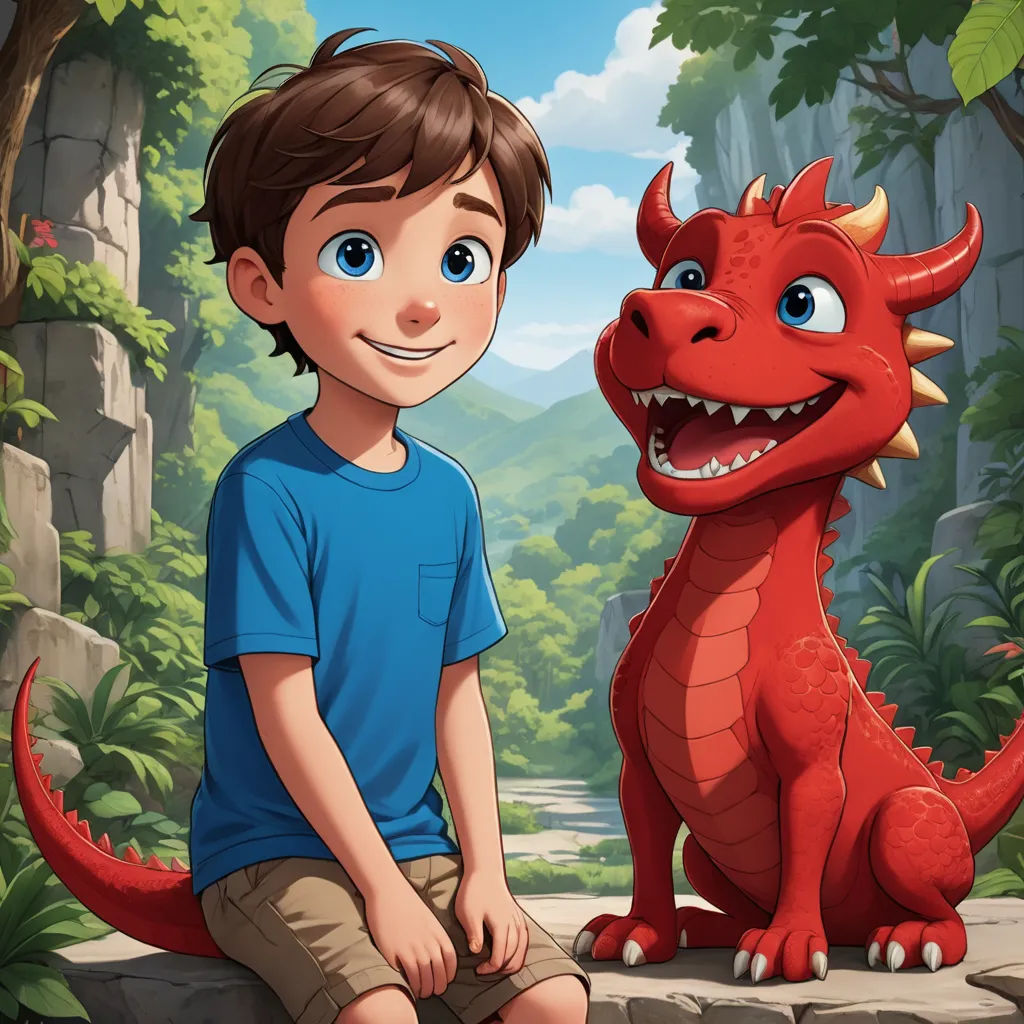 a boy sitting next to a red dragon on a rock in a forest with a mountain background and a river, sots art, a storybook illustration, Adam Rex, promotional image