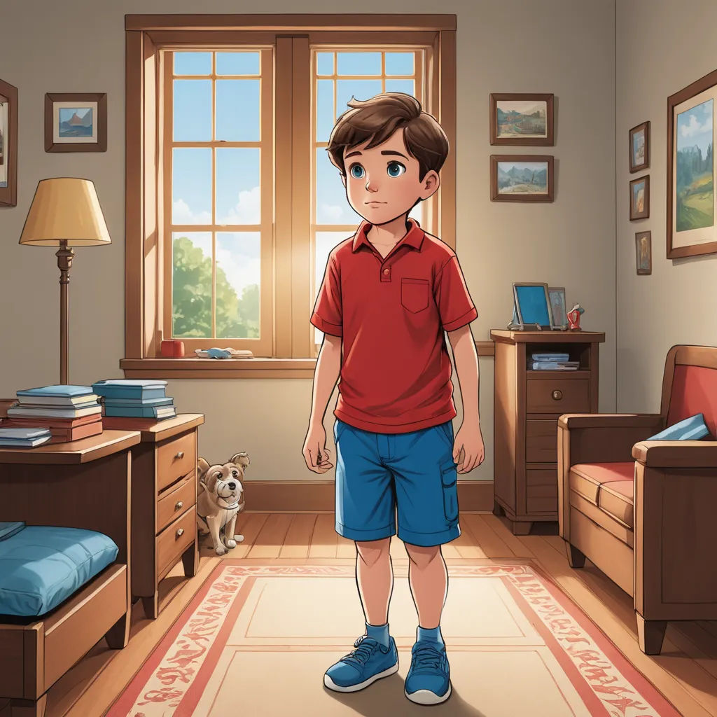 a boy standing in a room with a dog in the background and a window with a view of a house, american scene painting, a storybook illustration, Diego Gisbert Llorens, storybook illustration
