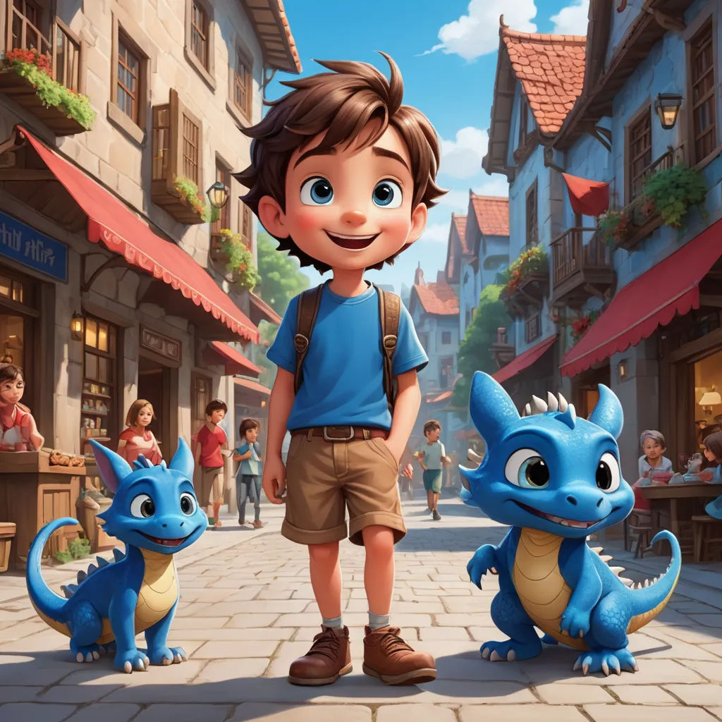 a boy standing next to a blue dragon on a street with a crowd of people in the background and a blue dragon on the sidewalk, furry art, concept art, Chris LaBrooy, promotional image