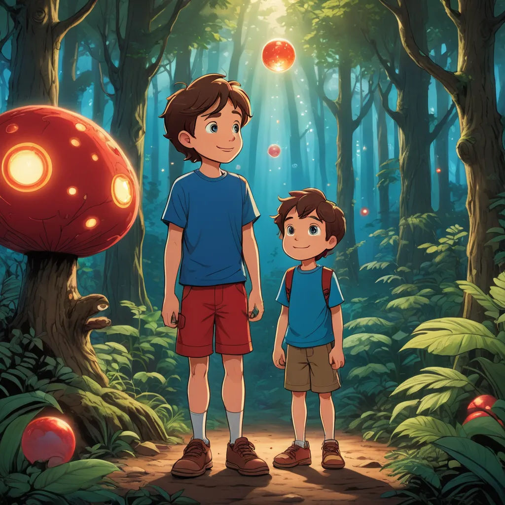 a boy and a boy standing in the woods with a mushroom in the background and a glowing light coming from the tree, sots art, poster art, Diego Gisbert Llorens, ghibli
