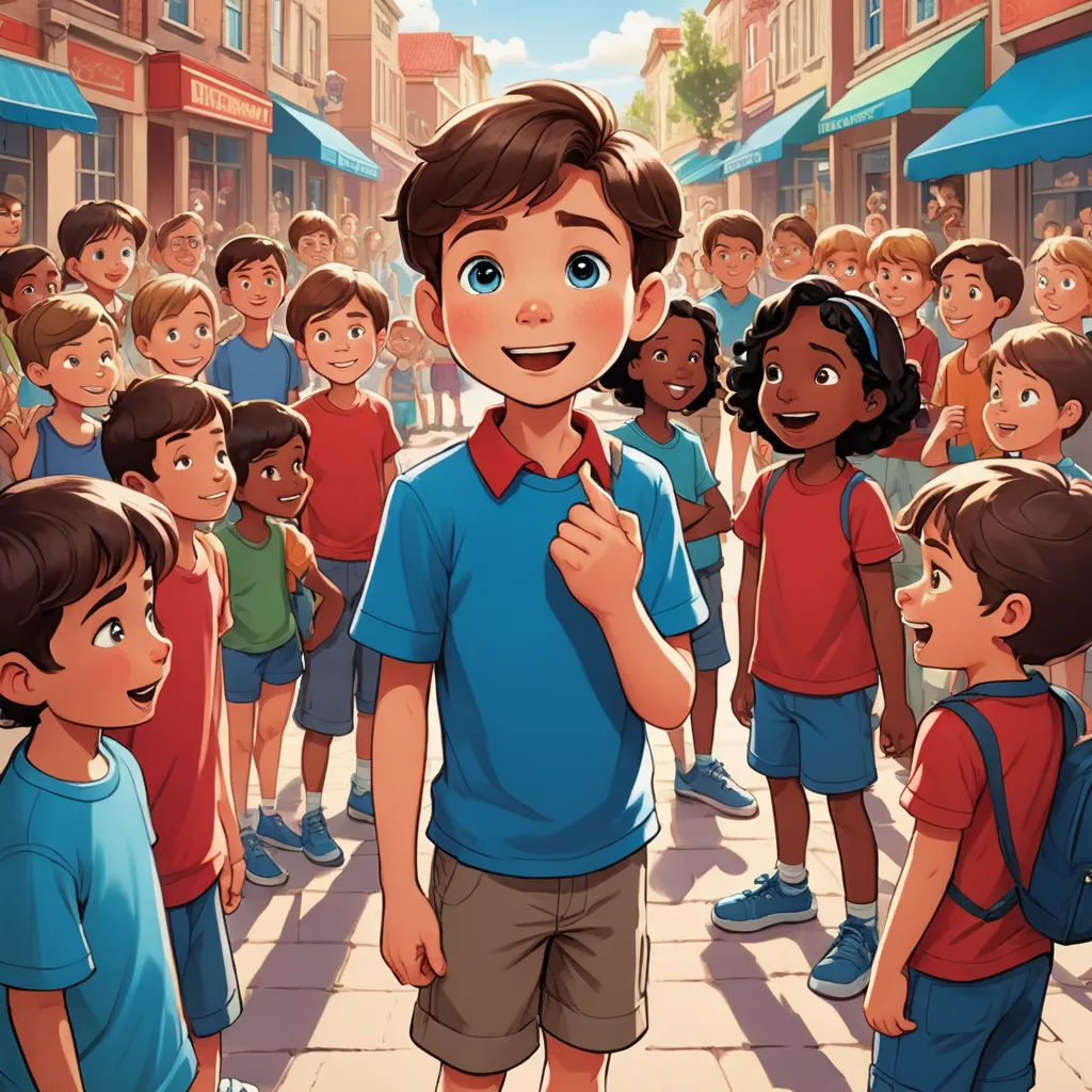 a boy standing in front of a crowd of children in a city street with a boy in a blue shirt, american scene painting, a storybook illustration, Diego Gisbert Llorens, rossdraws global illumination