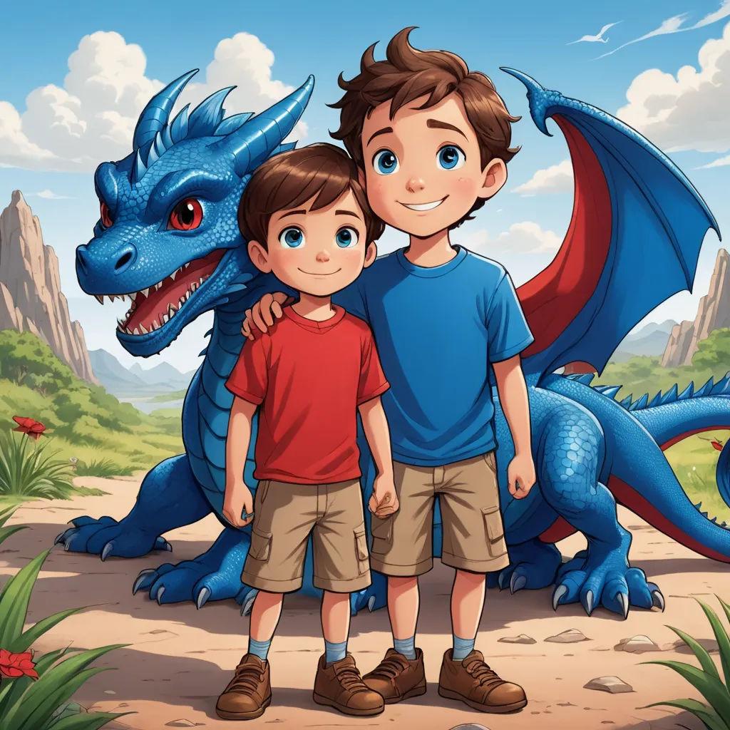 a boy and a boy standing in front of a dragon on a mountain with a sky background and a mountain range in the background, lyco art, a storybook illustration, Diego Gisbert Llorens, storybook illustration