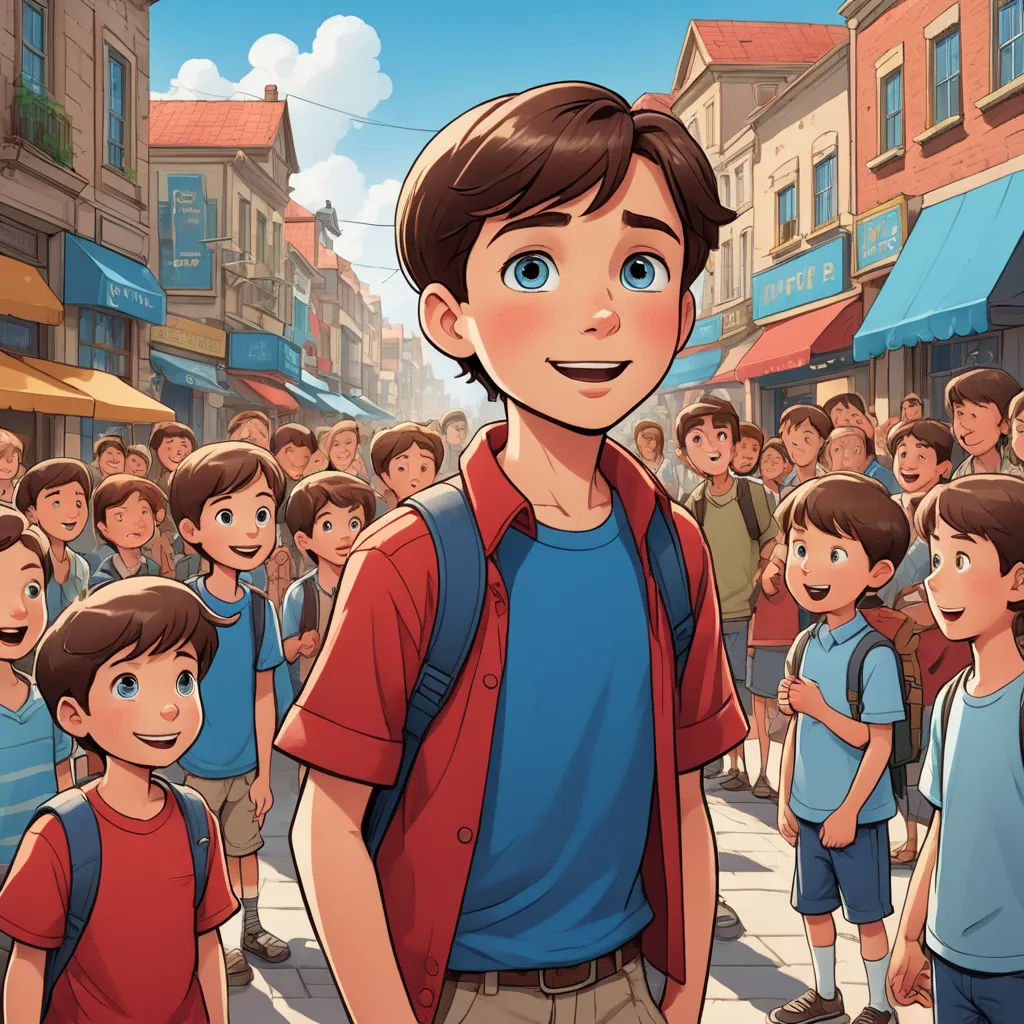 a cartoon of a boy standing in front of a crowd of people in a city street with a red shirt on, les automatistes, a storybook illustration, Asaf Hanuka, graphic novel