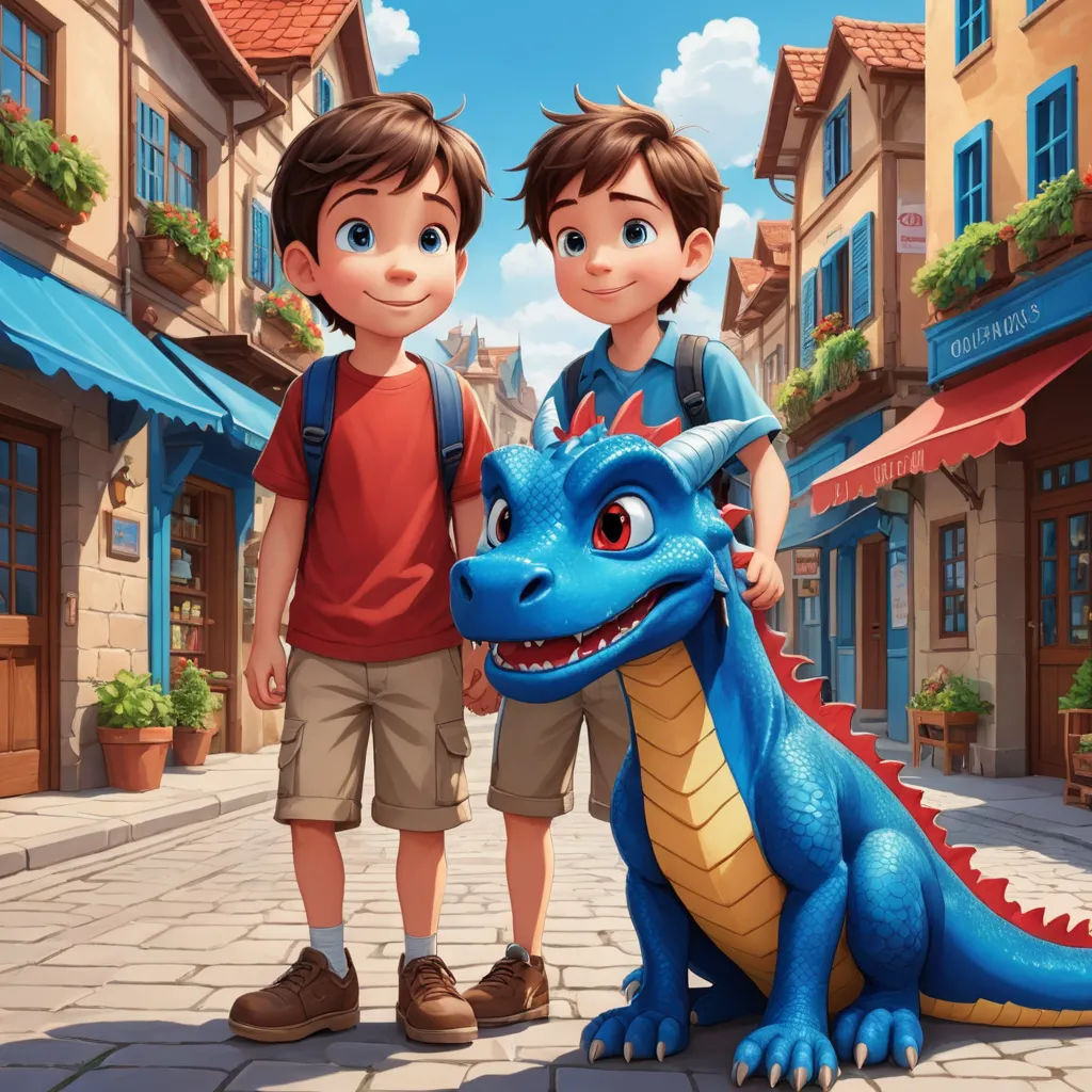 a boy and a boy standing next to a blue dragon statue in a city street with buildings and a blue awning, furry art, concept art, Diego Gisbert Llorens, official art