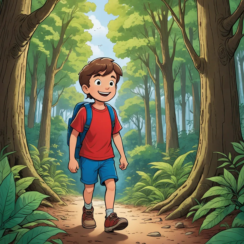a boy walking through a forest with a backpack on his back and a backpack on his shoulder, with a smile on his face, private press, a storybook illustration, Diego Gisbert Llorens, promotional image
