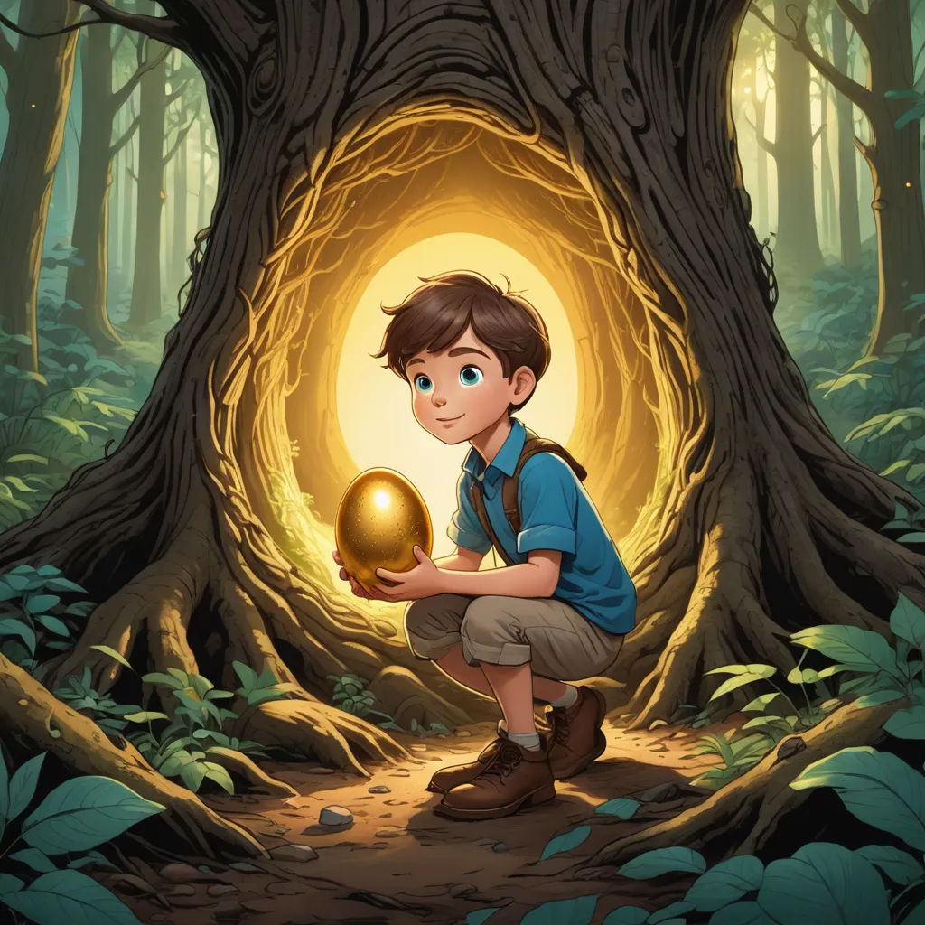 a boy kneeling down in front of a tree holding a golden ball in his hands and a forest background, magical realism, a storybook illustration, Diego Gisbert Llorens, rossdraws global illumination
