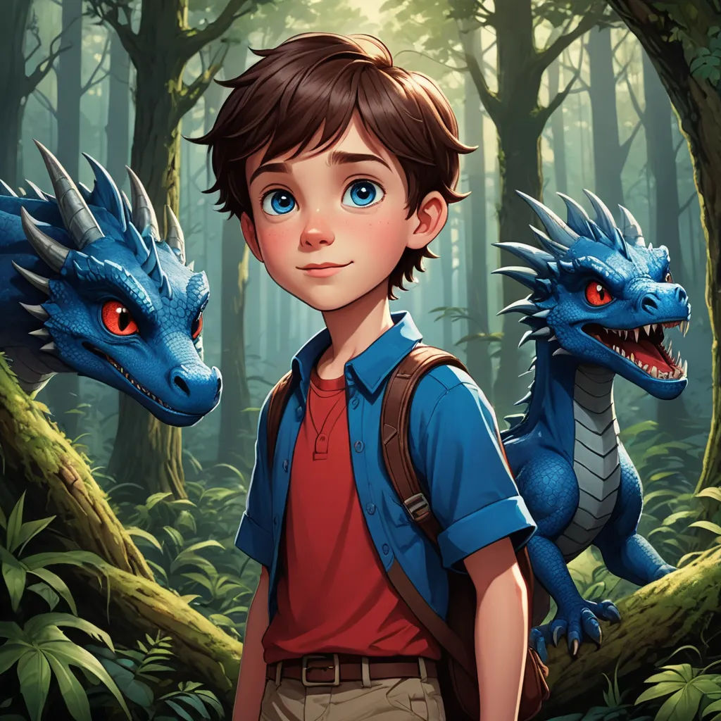 a boy and a dragon in a forest with trees and bushes in the background, with a boy in a red shirt and a backpack, sots art, a storybook illustration, Adam Rex, rossdraws global illumination