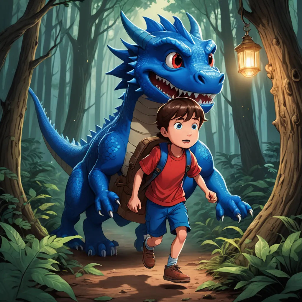 a boy and a blue dragon in the woods with a lantern on a tree stump in the background, a boy is walking in the foreground, sots art, a storybook illustration, Adam Rex, key art