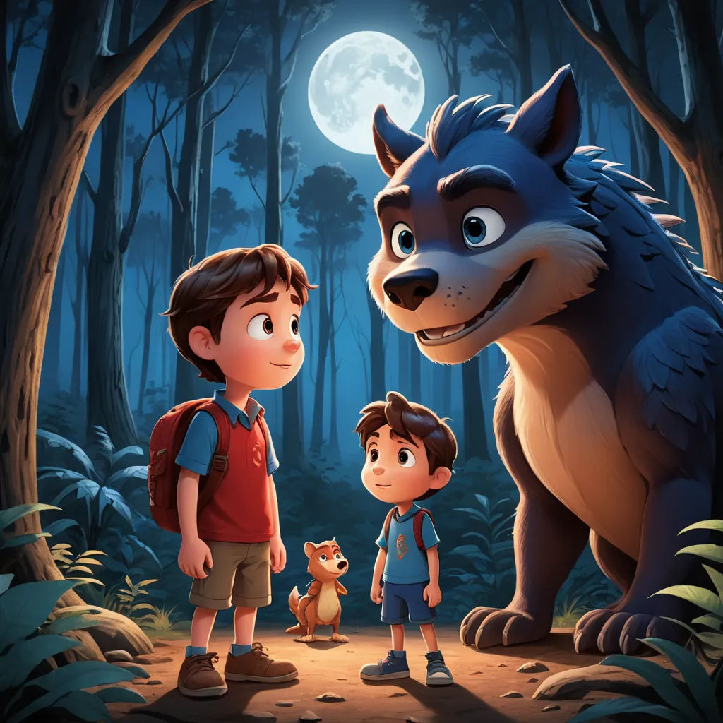 a boy and a boy are standing in the woods with a wolf in front of them and a wolf in the background, sots art, a storybook illustration, Diego Gisbert Llorens, promotional image