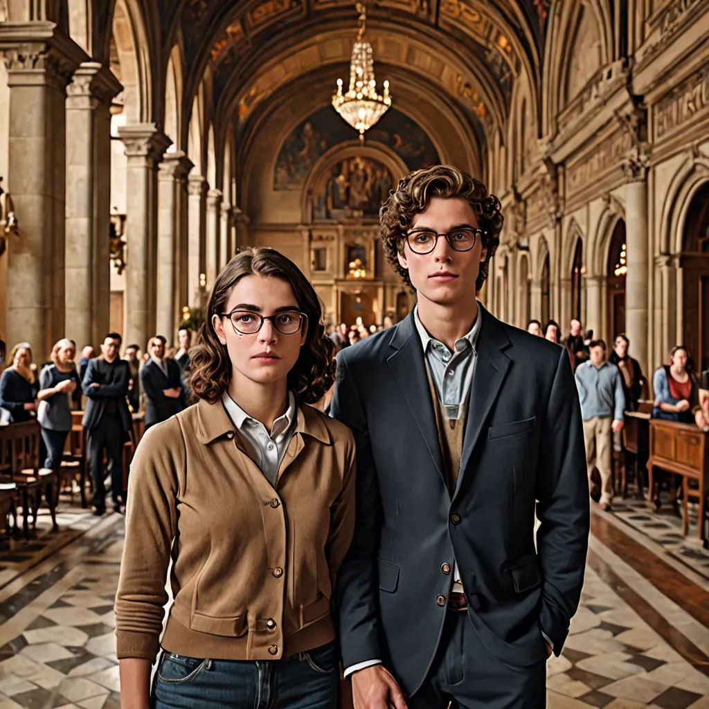 a man and a woman standing in a church together, posing for a picture with a crowd of people in the background, international gothic, a flemish Baroque, Christian Hilfgott Brand, promotional image