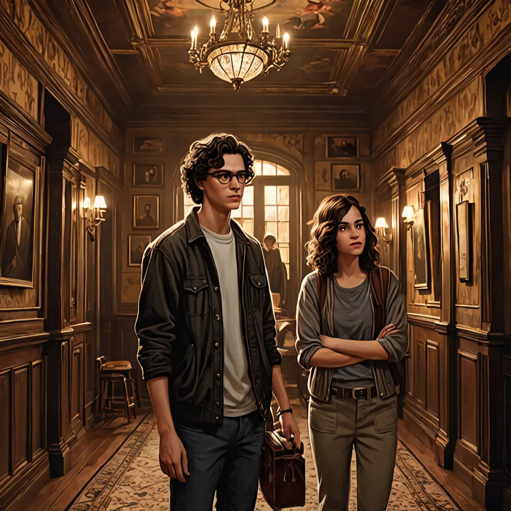 a man and a woman standing in a hallway with a chandelier above them and a chandelier hanging from the ceiling, international gothic, poster art, Felix-Kelly, promotional image