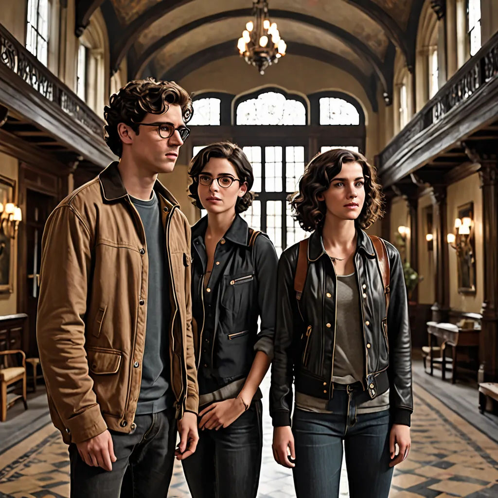 a group of people standing in a building with a clock on the wall and a clock on the wall, barbizon school, a character portrait, Florence Engelbach, promotional image