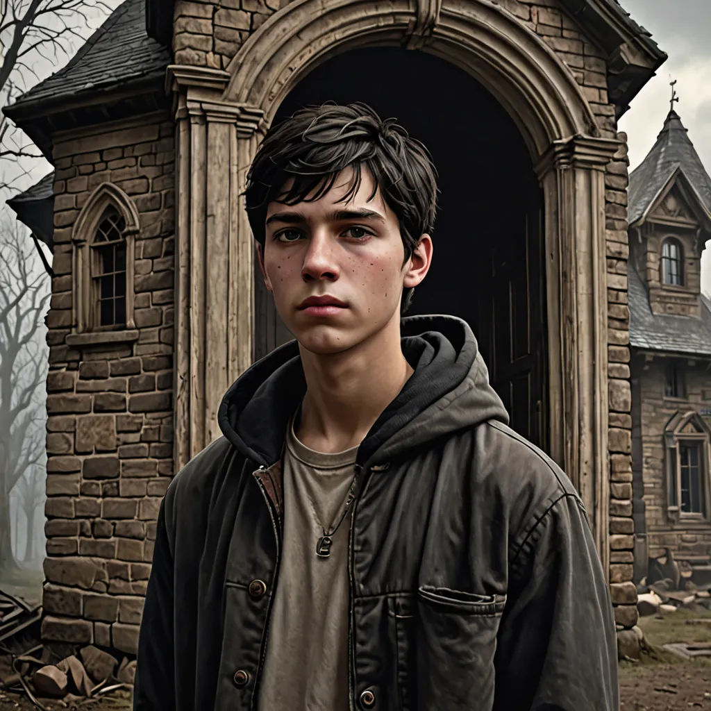 a young man standing in front of a creepy looking house with a clock tower on it's side, gothic art, a character portrait, Cedric Seaut (Keos Masons), promotional image