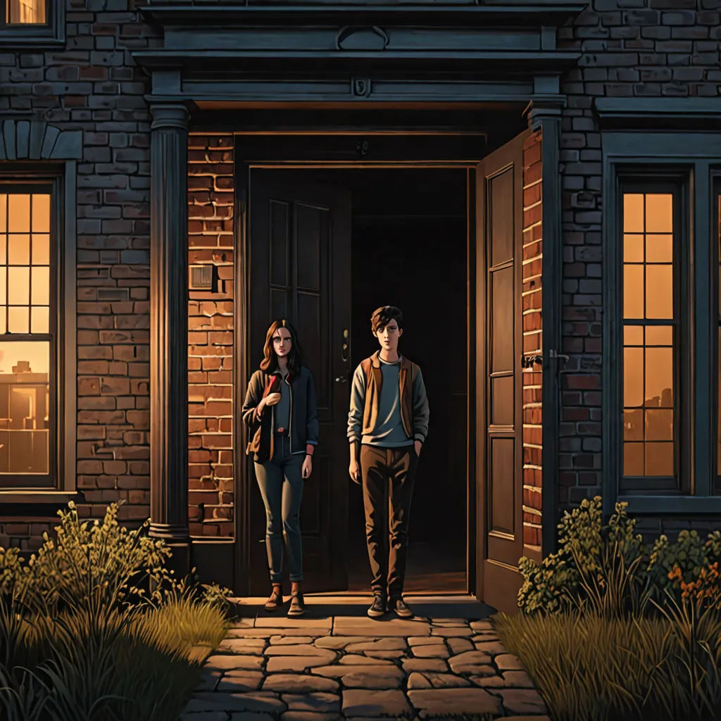 a couple of people standing in front of a building with a clock on it's side walk near a door, american scene painting, poster art, Evgeny Lushpin, key art