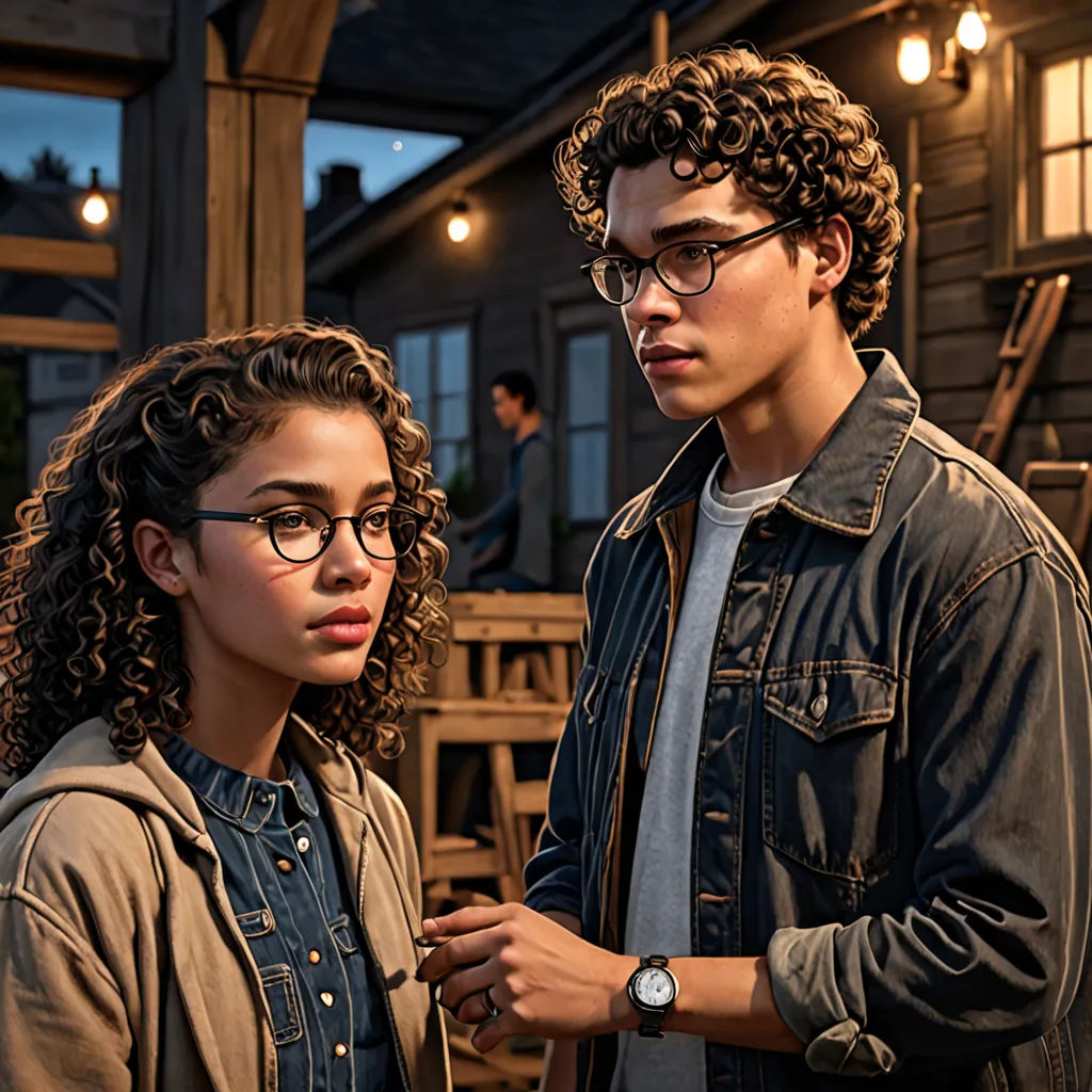 a man and a woman standing next to each other in front of a house at night with lights on, optical illusion, a renaissance painting, Everett Warner, promotional image