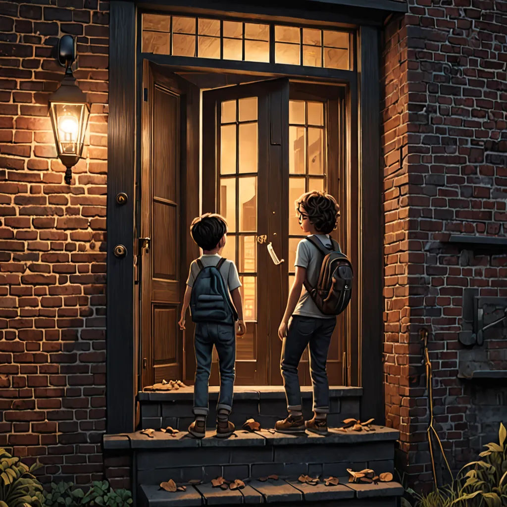 two children standing on steps in front of a door at night with a light on and a backpack on, american scene painting, a storybook illustration, Evgeny Lushpin, promotional image