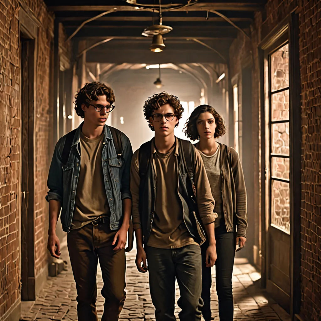 three young men walking down a hallway together in a building with brick walls and a light fixture hanging from the ceiling, serial art, poster art, Ada Gladys Killins, promotional image