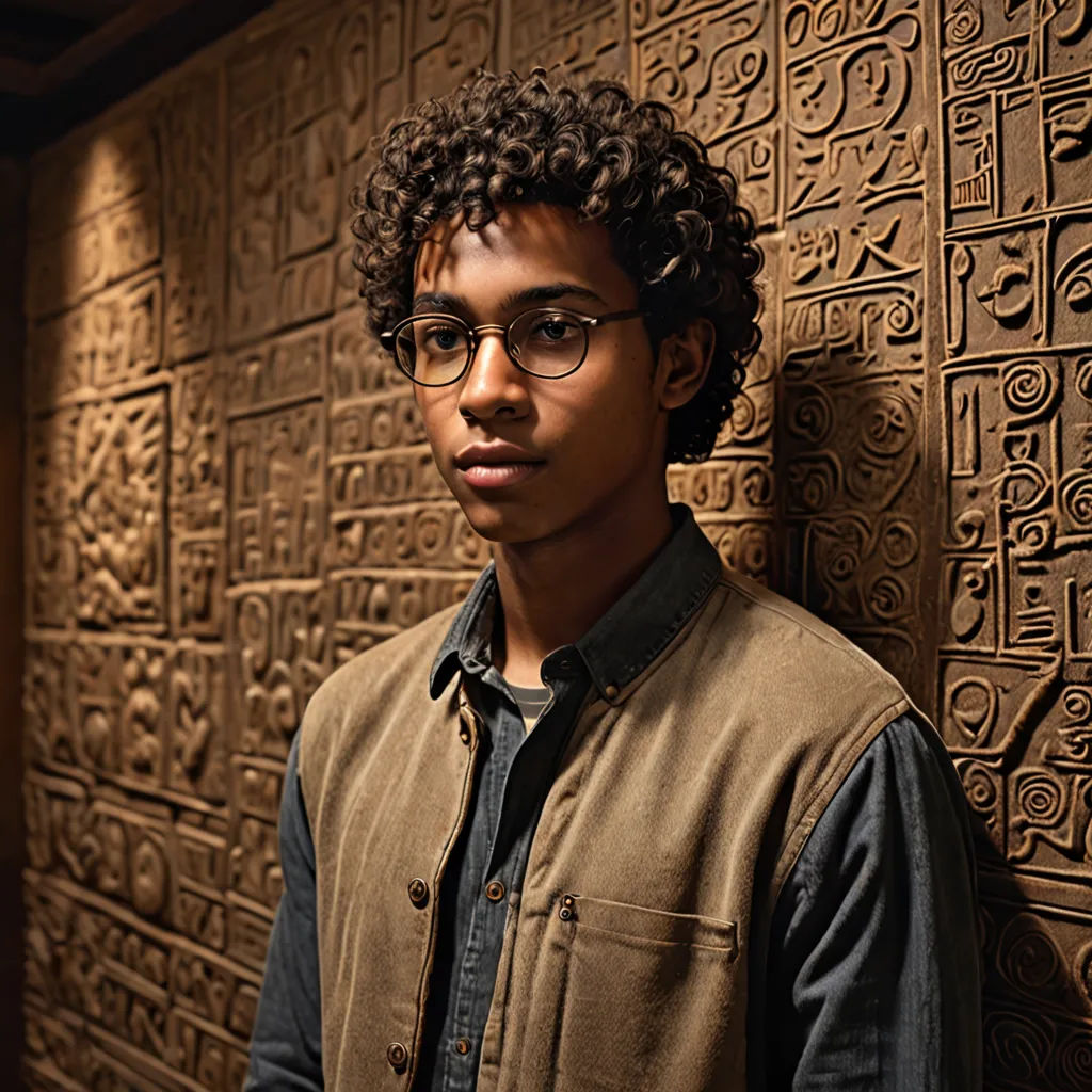 a man standing in front of a wall with a pattern on it and glasses on his face and a shirt on, afrofuturism, a character portrait, Everett Warner, promotional image