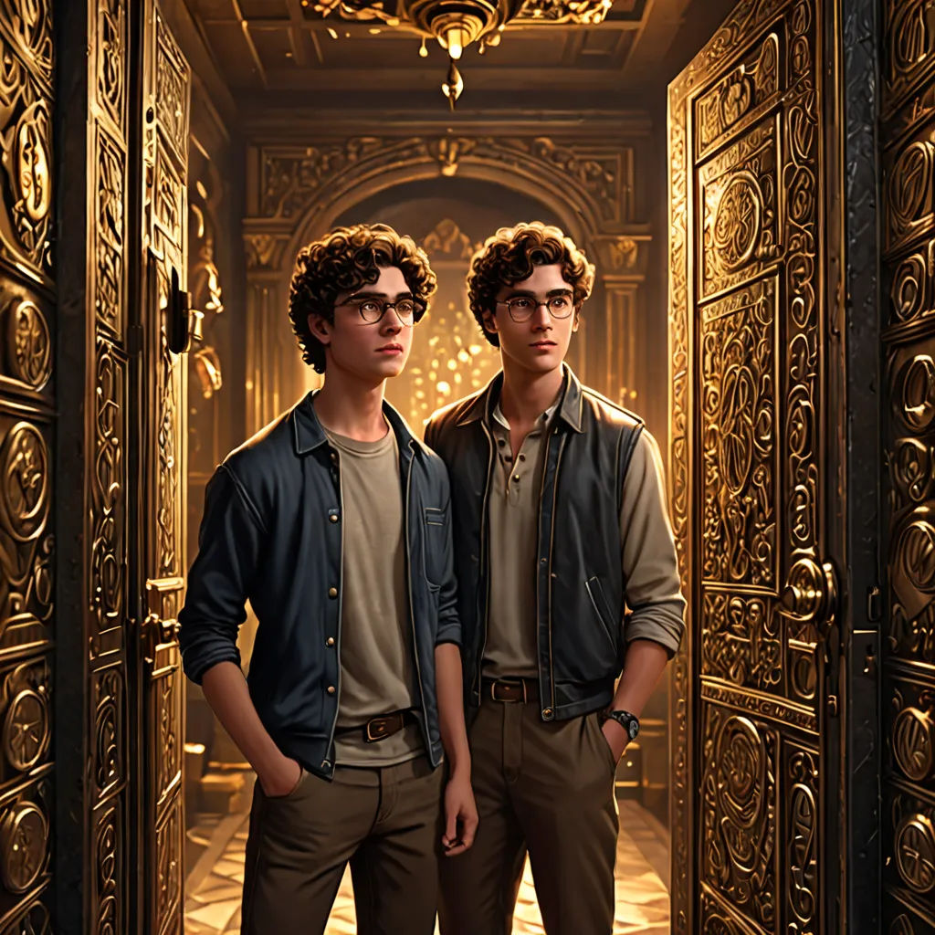 two young men standing in a doorway of a building with a chandelier hanging from the ceiling and a chandelier hanging from the ceiling, rococo, a flemish Baroque, Alesso Baldovinetti, promotional image