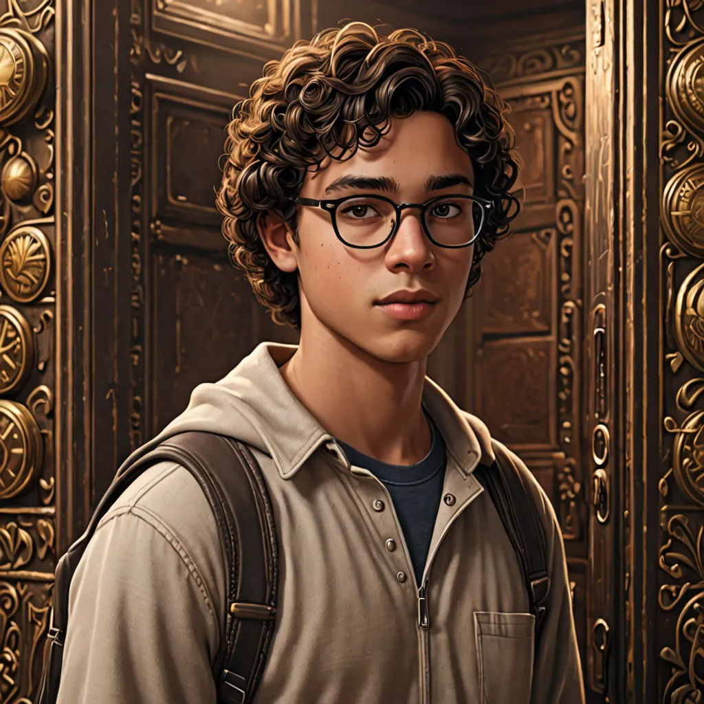a young man with glasses standing in front of a door with a golden door frame behind him and a black backpack, sots art, a character portrait, Cedric Seaut (Keos Masons), kai carpenter