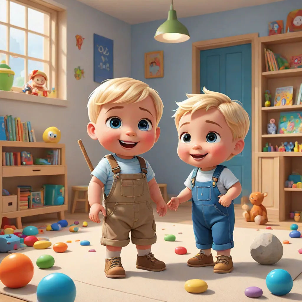 a couple of kids standing in a room with toys on the floor and a teddy bear on the floor, Edward George Handel Lucas, photorealism, poster art, pixar and disney animation