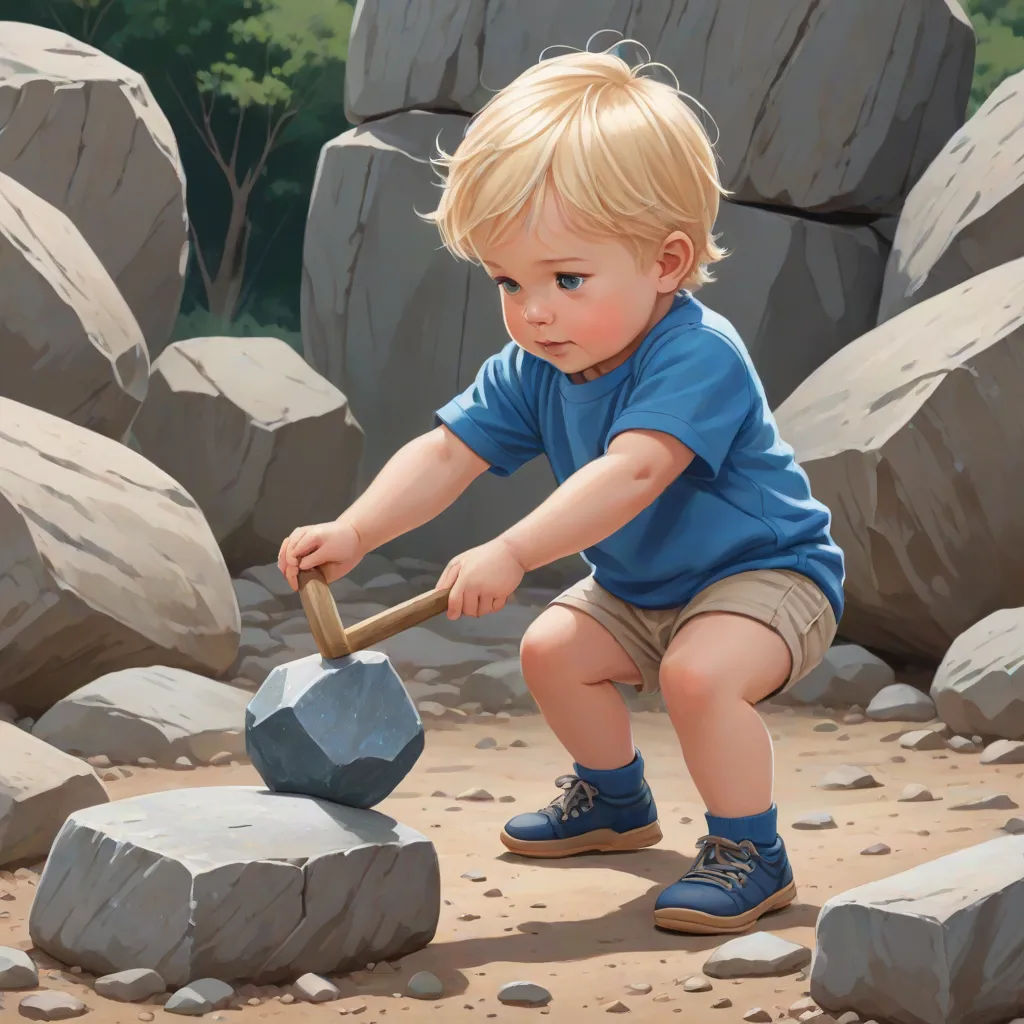 a painting of a little boy playing with a rock and hammer in a rocky area with trees in the background, Aaron Jasinski, photorealism, a hyperrealistic painting, extremely detailed oil painting
