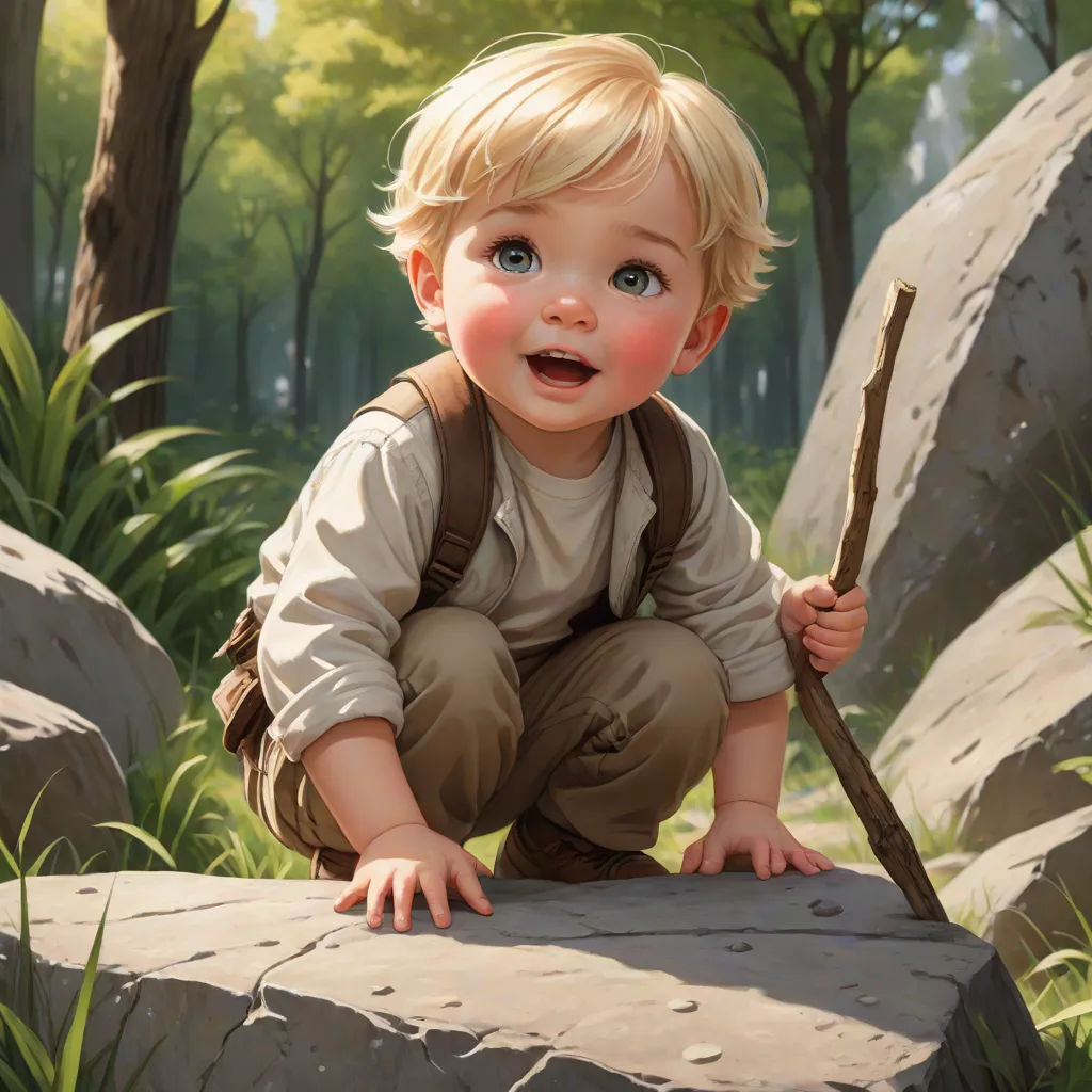 a painting of a boy with a stick in his hand and a rock in the background with trees and grass, Clint Cearley, fantasy art, a storybook illustration, cushart krenz