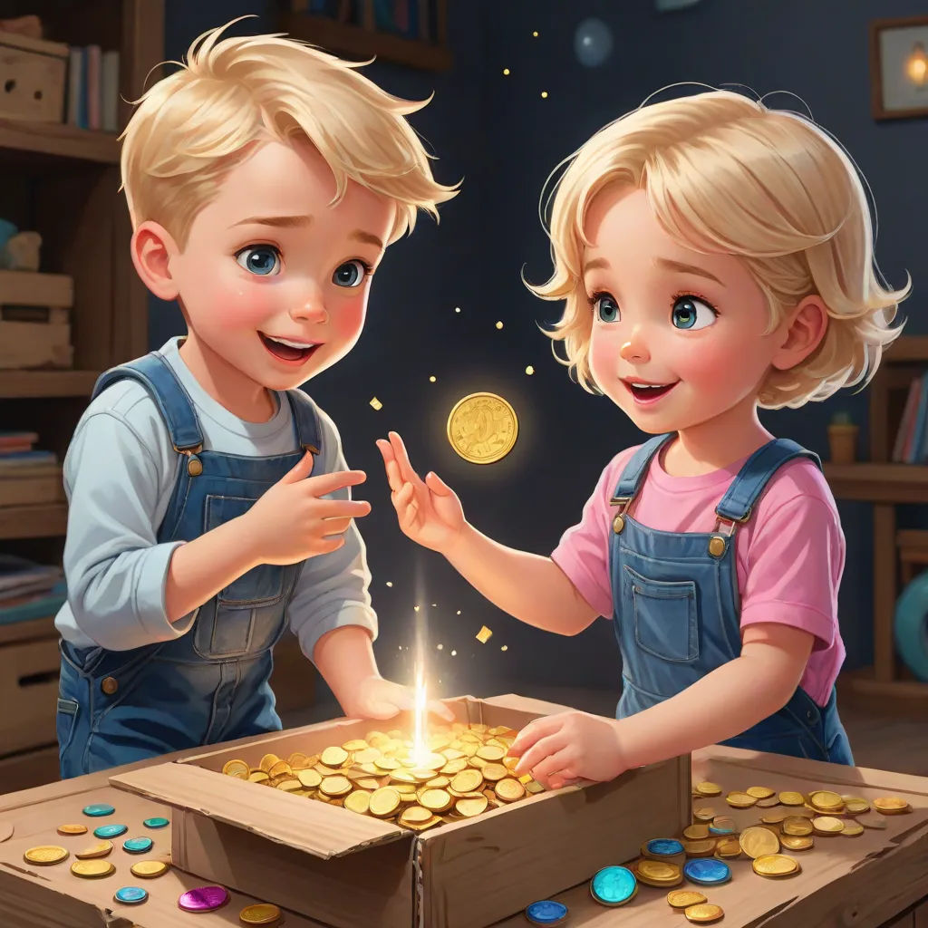 two children are playing with a box of gold coins and a lit candle in it, with a blue background, Aaron Jasinski, sots art, a detailed painting, trending on art station