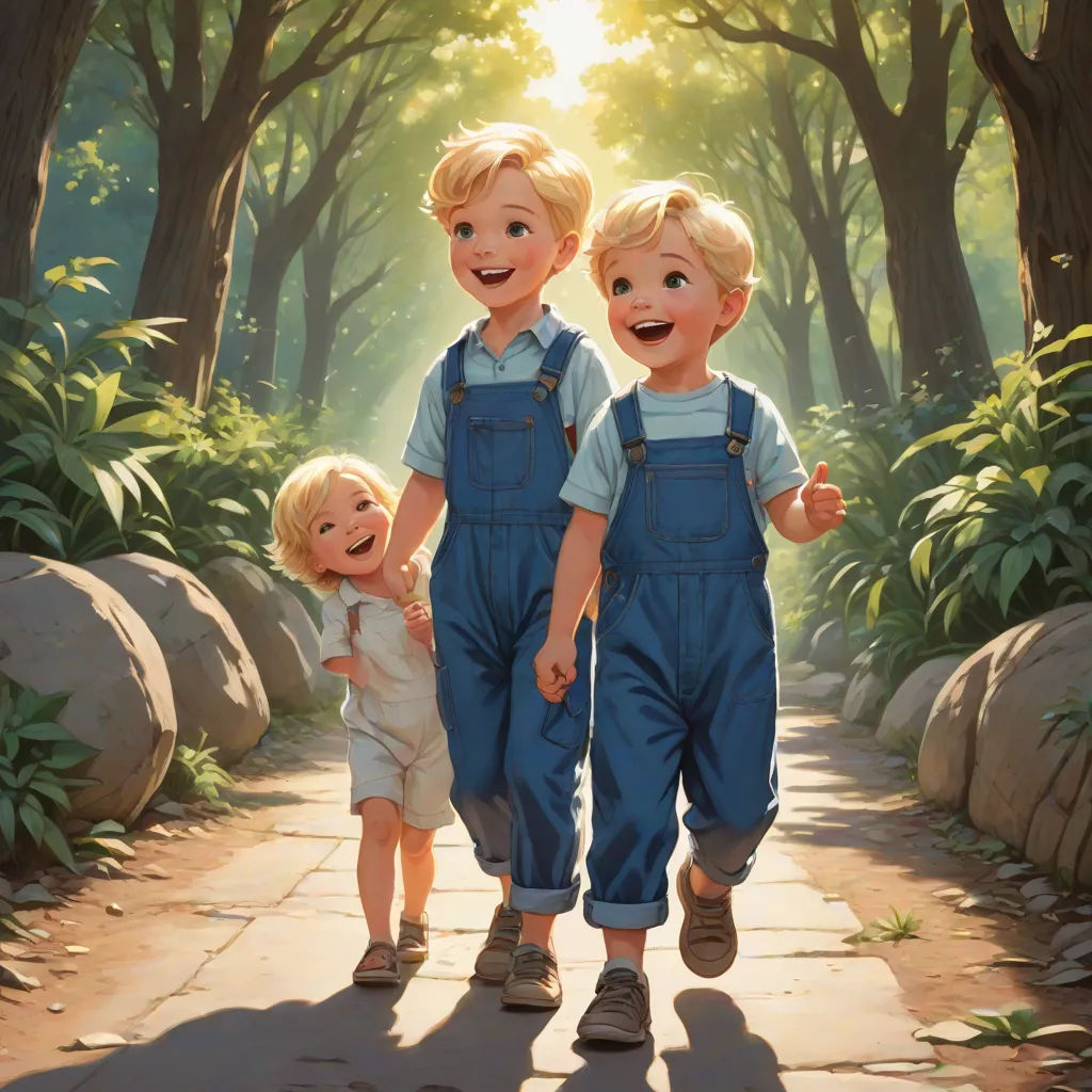 a painting of two children walking down a path in the woods with trees and rocks in the background and sunlight shining through the trees, Brothers Hildebrandt, altermodern, a storybook illustration, magic the gathering artwork