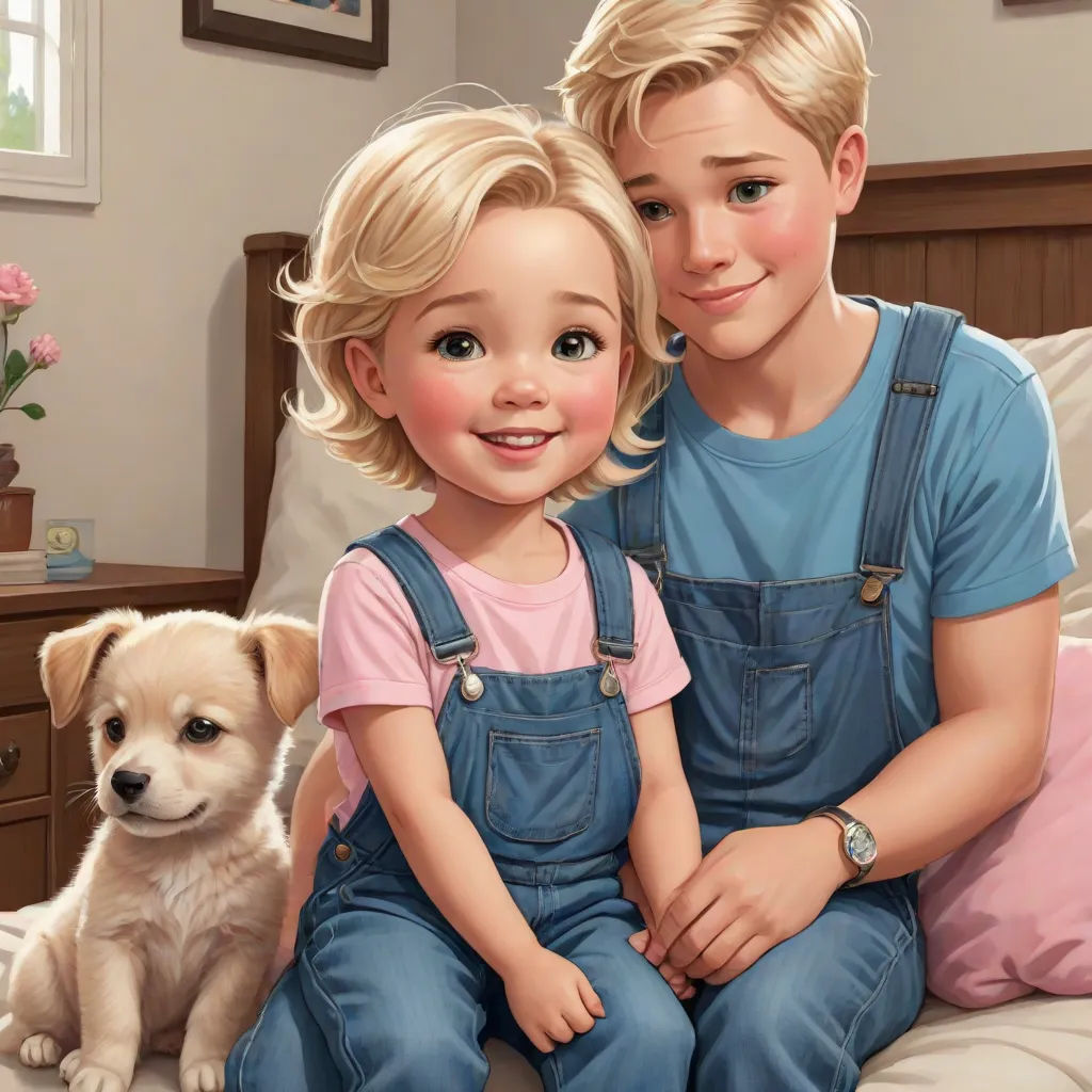a painting of a boy and girl sitting on a bed with a dog next to them and a puppy sitting on the bed, disney, photorealism, a photorealistic painting, ultra realistic illustration